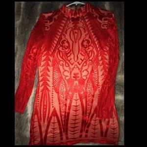 Red Lace High Neck Bodycon Dress